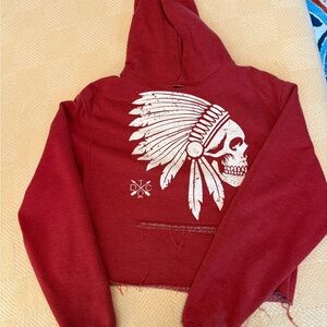 Maroon Cropped Hoodie with White Skull & Feather Graphic